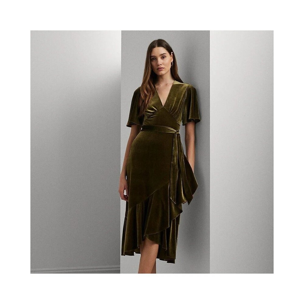 Lauren Ralph Lauren Size 14 Olive Green Belted Velvet Flutter Sleeve Dress Ruffl